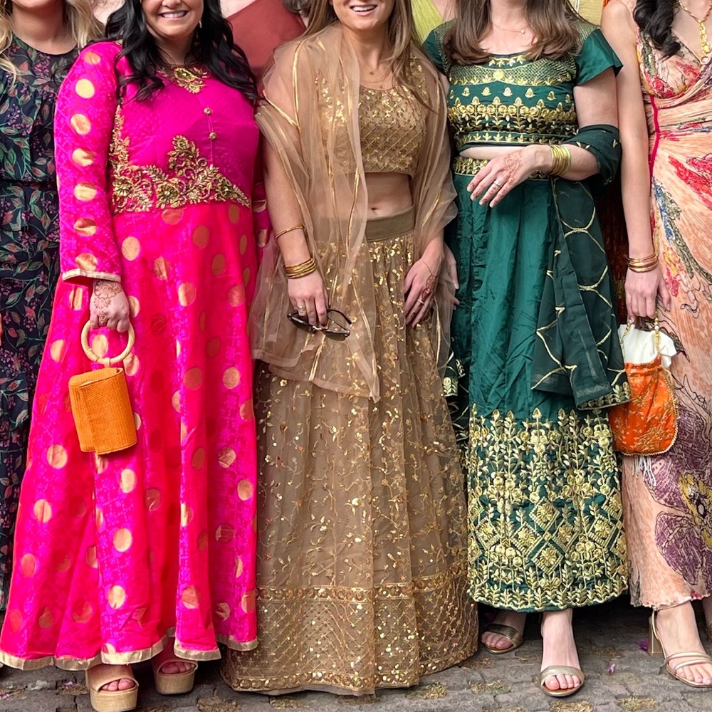 Authentic Adjustable Indian 3-pc. Lehenga - gold / rose gold detailing w/shawl